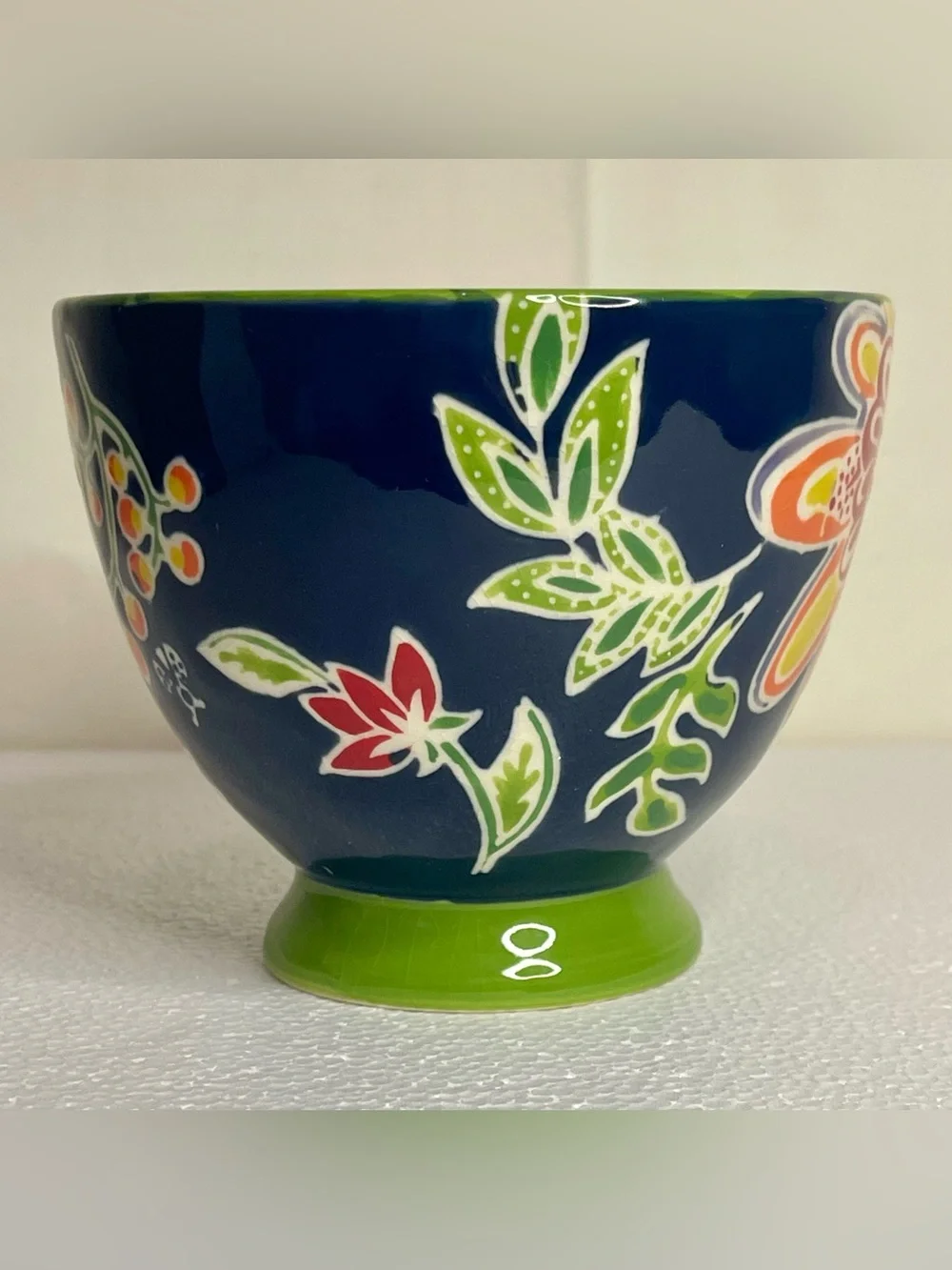 Anthropology Ella Ayaka Decorative Footed Slipware Coffee Cup 12 Oz Blue Green